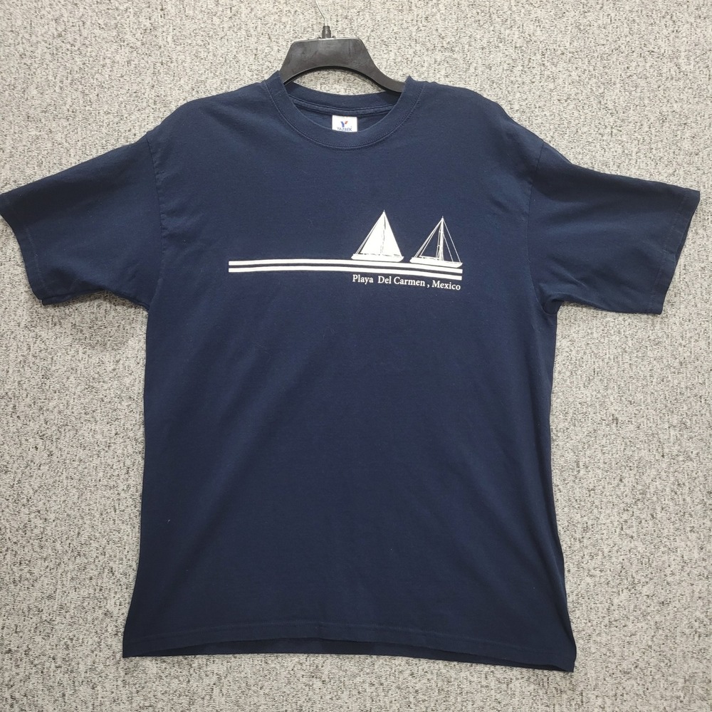 Yazbek Playa Del Carmen Mexico Sailboat Graphic T-Shirt Mens Large Navy Blue